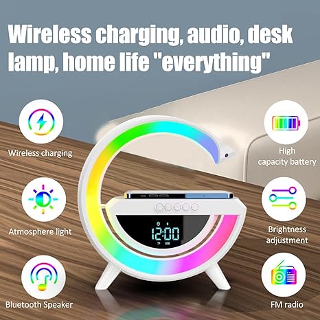 Wireless Charger Stand Pad Bluetooth Speaker& Alarm Clock RGB Light Night Lamp